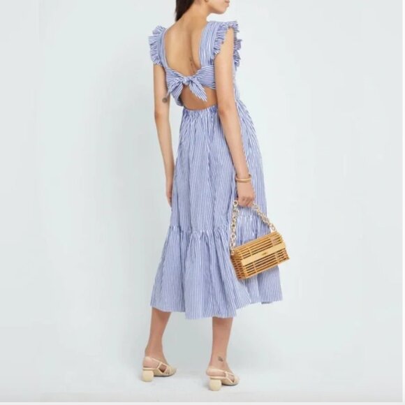 O.P.T. Stella Blue and White Stripped Tiered Ruffle Midi Dress, Seersucker, Size - Picture 2 of 13